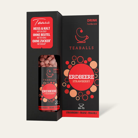 TEABALLS Erdbeere Eistee from the Black Selection, a refreshing iced tea with delicious strawberry flavor