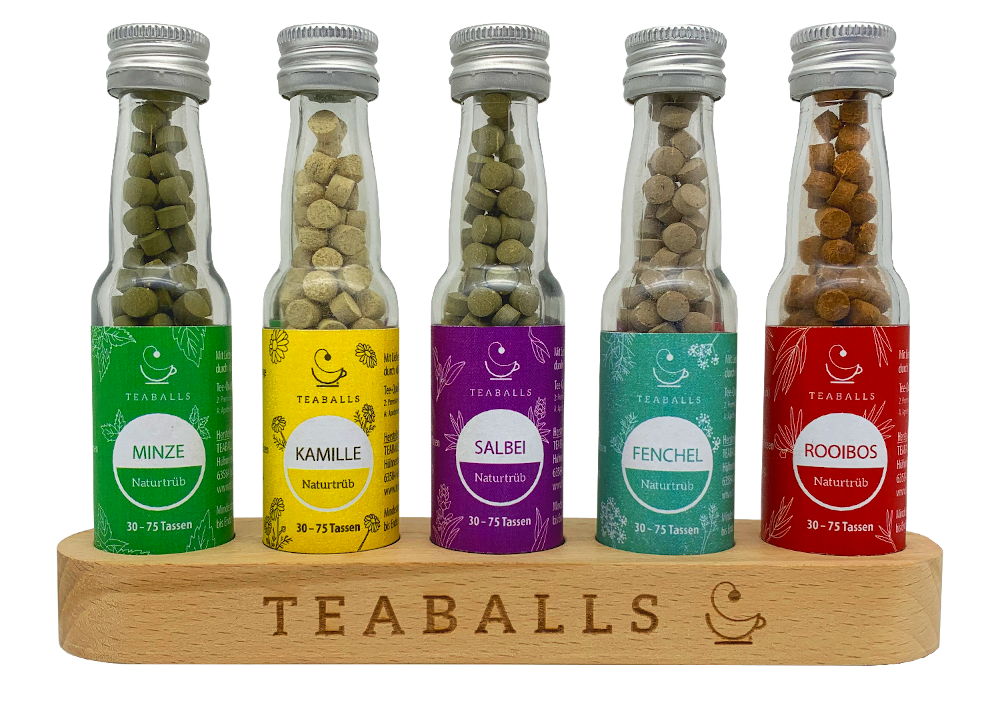 TEABALLS – Probierset Naturtrüb inkl. Holzaufsteller | 150-375 Tassen