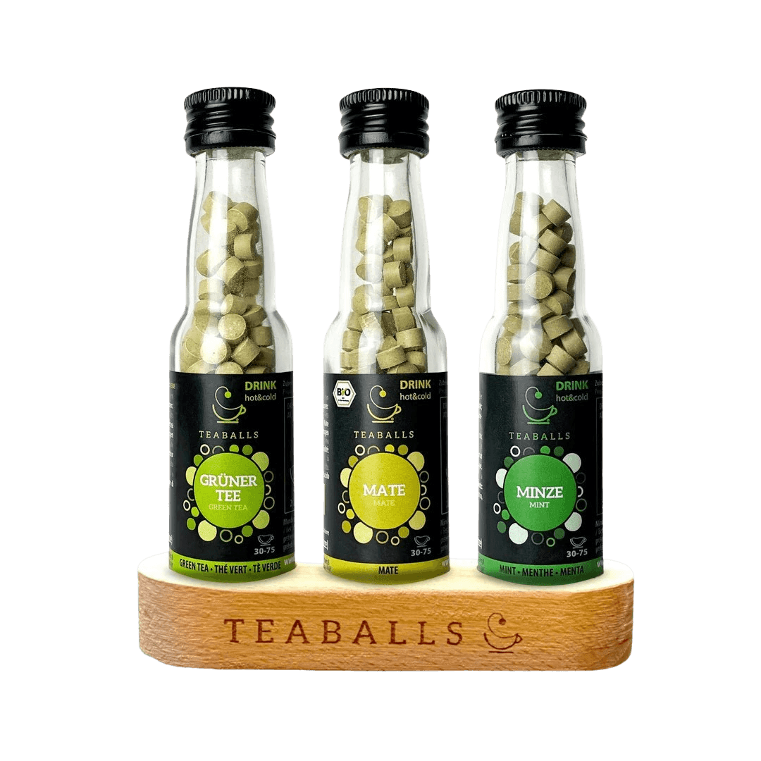 TEABALLS Probierset Trio Black Mixed mit Holzaufsteller | 90 - 225 Tassen
